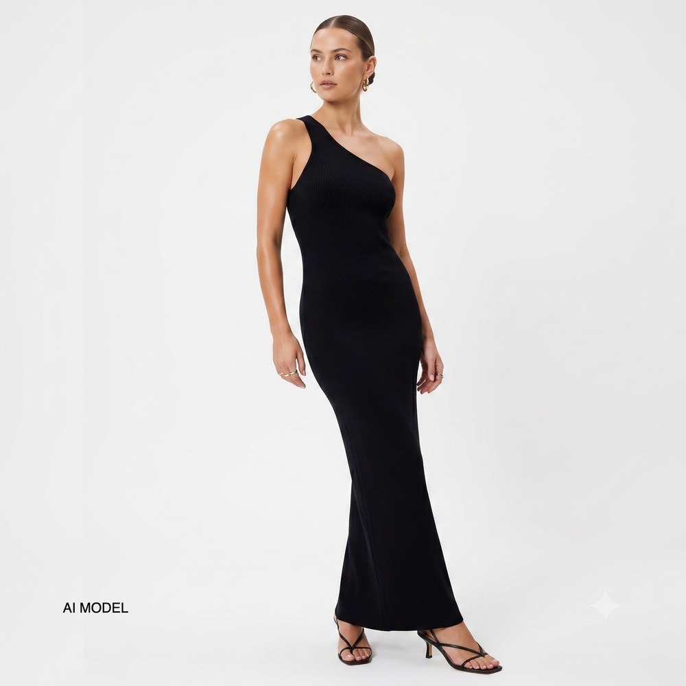 A.L.C. Black Italian Yarn One Shoulder Knit Maxi Dress M Medium Ribbed Bodycon‎